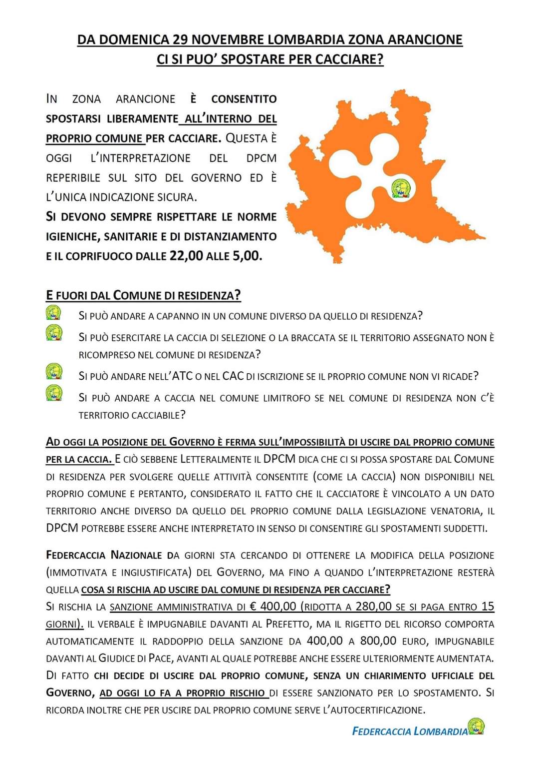 Da Domenica 29 Novembre La Lombardia Diventa Zona Arancione Federcaccia Brescia