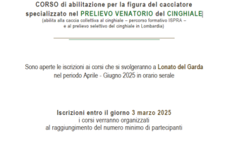 APERTE LE ISCRIZIONI PER IL CORSO DI ABILITAZIONE PER LA FIGURA DEL CACCIATORE SPECIALIZZATO NEL PRELIEVO VENATORIO DEL CINGHIALE